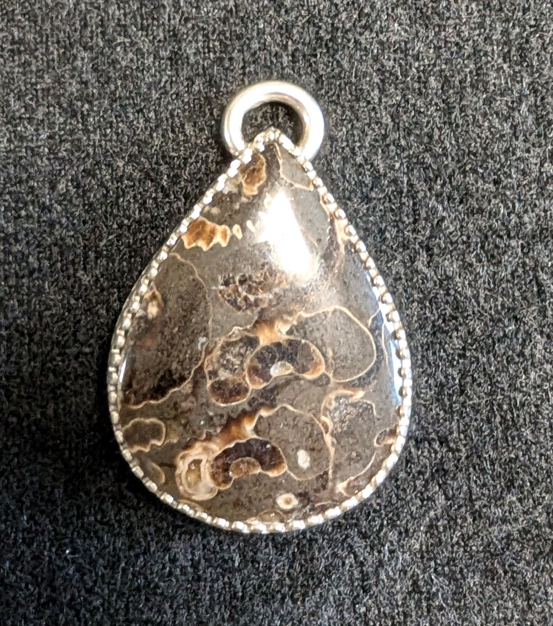 Turrittella Agate - This handmade pendant showcases the ancient beauty of Turritella Agate, a unique fossil stone with visible shell spirals, set in solid 925 sterling silver.